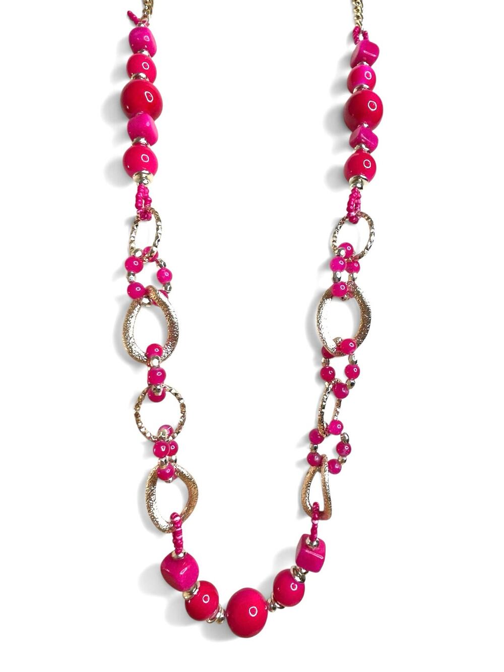 Chunky Fuchsia Pink Beaded Necklace Gold Tone Textured Open Loop Link